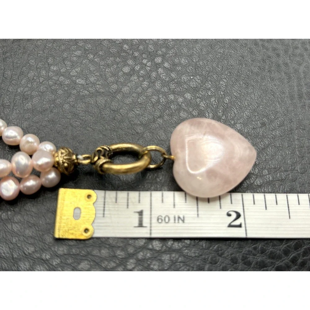 Multi Strand Rose Quartz Heart Pendant Pink Pearl Beaded Necklace Toggle Clasp